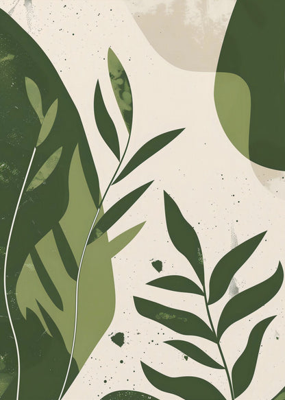 A modern abstract botanical artwork in a black frame, featuring various shades of green leaves and organic shapes layered over a speckled, off-white background. The style is minimalist with a textured, painterly feel. Wall Art