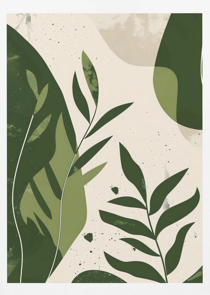A modern abstract botanical artwork in a black frame, featuring various shades of green leaves and organic shapes layered over a speckled, off-white background. The style is minimalist with a textured, painterly feel. Wall Art