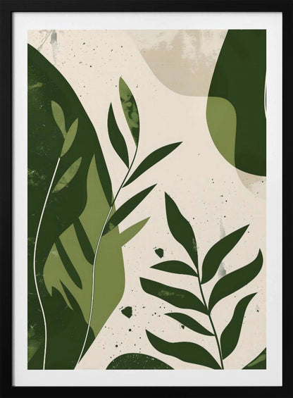 A modern abstract botanical artwork in a black frame, featuring various shades of green leaves and organic shapes layered over a speckled, off-white background. The style is minimalist with a textured, painterly feel. Wall Art