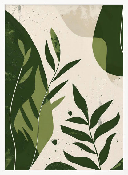 A modern abstract botanical artwork in a black frame, featuring various shades of green leaves and organic shapes layered over a speckled, off-white background. The style is minimalist with a textured, painterly feel. Wall Art