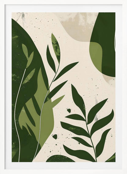 A modern abstract botanical artwork in a black frame, featuring various shades of green leaves and organic shapes layered over a speckled, off-white background. The style is minimalist with a textured, painterly feel. Wall Art