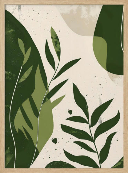 A modern abstract botanical artwork in a black frame, featuring various shades of green leaves and organic shapes layered over a speckled, off-white background. The style is minimalist with a textured, painterly feel. Wall Art