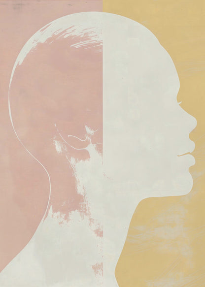 A modern art piece featuring a white silhouette of a person's head and shoulders in profile against a color-blocked background. The background is split vertically with pale pink on the left and pale yellow on the right, both with a subtle textured effect. Poster