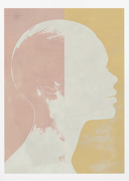 A modern art piece featuring a white silhouette of a person's head and shoulders in profile against a color-blocked background. The background is split vertically with pale pink on the left and pale yellow on the right, both with a subtle textured effect. Poster