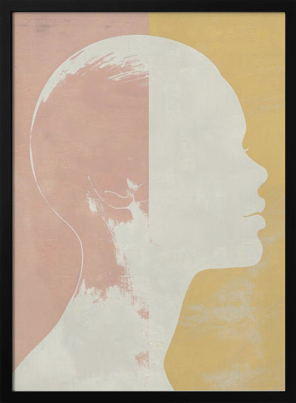 A modern art piece featuring a white silhouette of a person's head and shoulders in profile against a color-blocked background. The background is split vertically with pale pink on the left and pale yellow on the right, both with a subtle textured effect. Poster