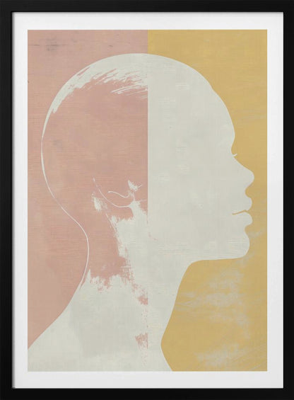 A modern art piece featuring a white silhouette of a person's head and shoulders in profile against a color-blocked background. The background is split vertically with pale pink on the left and pale yellow on the right, both with a subtle textured effect. Poster