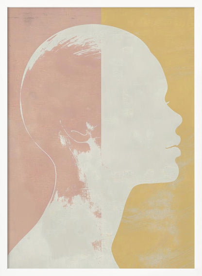 A modern art piece featuring a white silhouette of a person's head and shoulders in profile against a color-blocked background. The background is split vertically with pale pink on the left and pale yellow on the right, both with a subtle textured effect. Poster