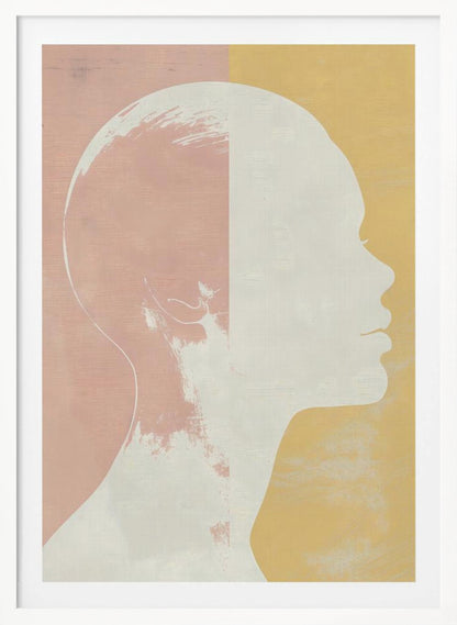 A modern art piece featuring a white silhouette of a person's head and shoulders in profile against a color-blocked background. The background is split vertically with pale pink on the left and pale yellow on the right, both with a subtle textured effect. Poster