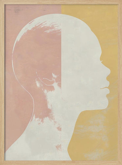 A modern art piece featuring a white silhouette of a person's head and shoulders in profile against a color-blocked background. The background is split vertically with pale pink on the left and pale yellow on the right, both with a subtle textured effect. Poster