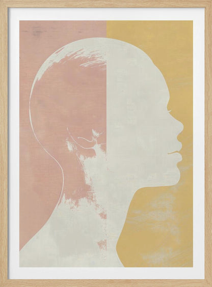 A modern art piece featuring a white silhouette of a person's head and shoulders in profile against a color-blocked background. The background is split vertically with pale pink on the left and pale yellow on the right, both with a subtle textured effect. Poster