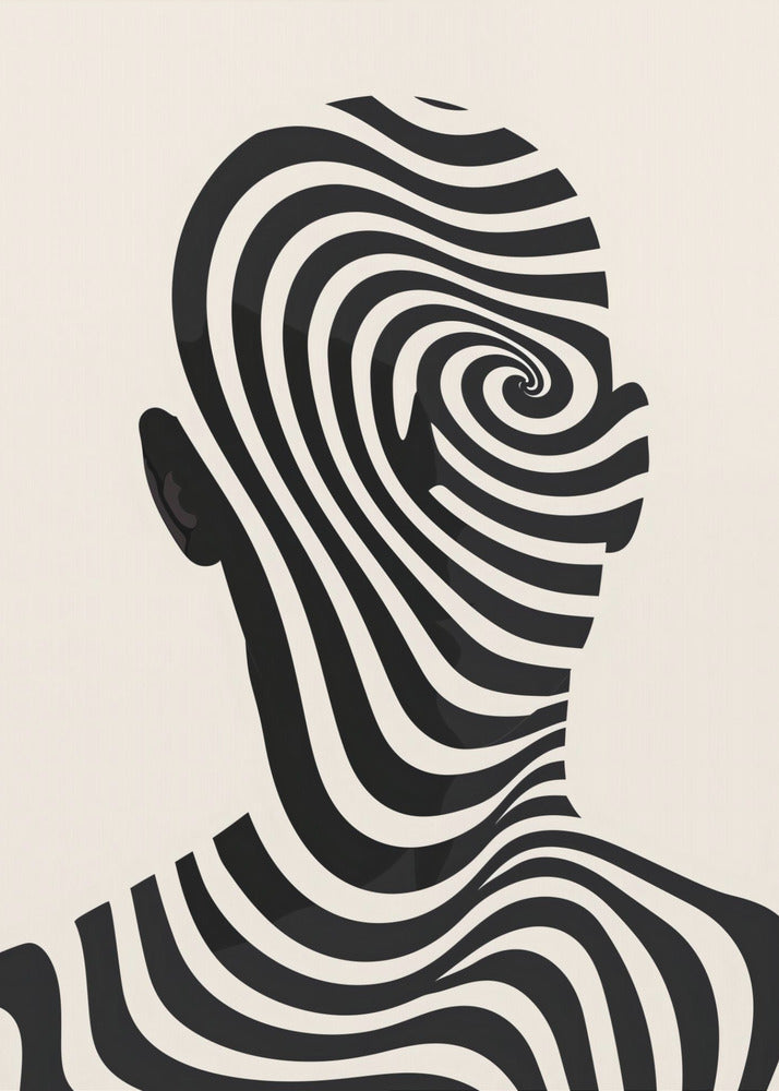 A framed abstract artwork featuring the silhouette of a person's head filled with a hypnotic black and cream spiral optical illusion pattern. The background is a solid cream color. Decor