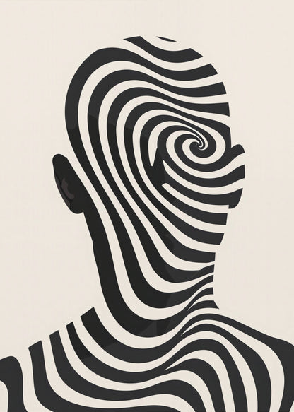 A framed abstract artwork featuring the silhouette of a person's head filled with a hypnotic black and cream spiral optical illusion pattern. The background is a solid cream color. Decor