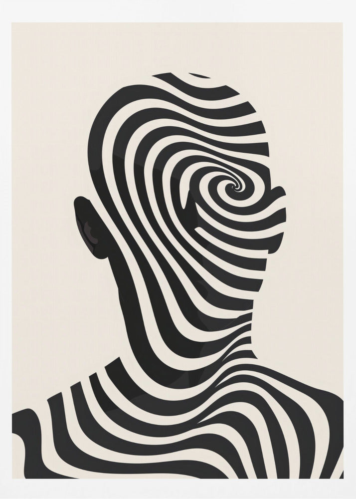 A framed abstract artwork featuring the silhouette of a person's head filled with a hypnotic black and cream spiral optical illusion pattern. The background is a solid cream color. Decor
