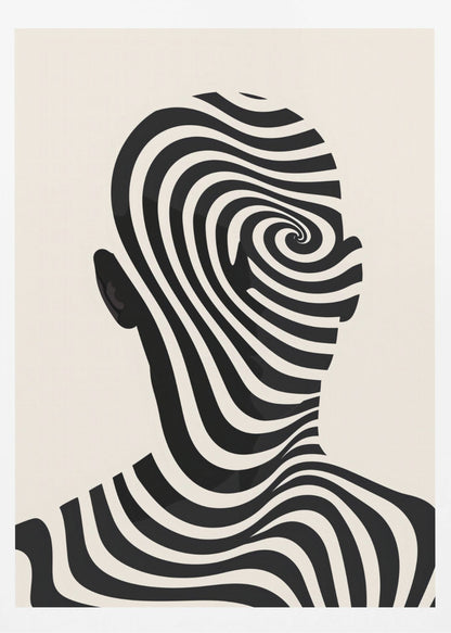 A framed abstract artwork featuring the silhouette of a person's head filled with a hypnotic black and cream spiral optical illusion pattern. The background is a solid cream color. Decor