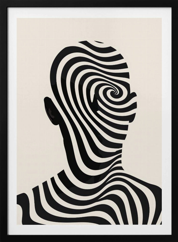A framed abstract artwork featuring the silhouette of a person's head filled with a hypnotic black and cream spiral optical illusion pattern. The background is a solid cream color. Decor