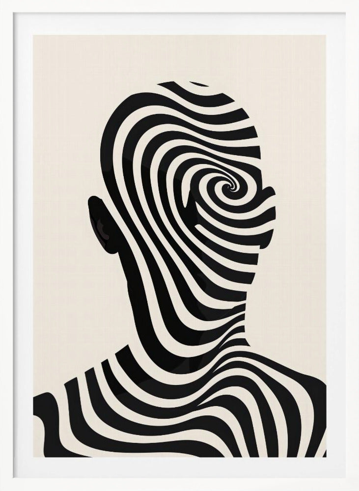 A framed abstract artwork featuring the silhouette of a person's head filled with a hypnotic black and cream spiral optical illusion pattern. The background is a solid cream color. Decor