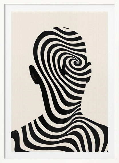 A framed abstract artwork featuring the silhouette of a person's head filled with a hypnotic black and cream spiral optical illusion pattern. The background is a solid cream color. Decor