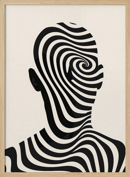 A framed abstract artwork featuring the silhouette of a person's head filled with a hypnotic black and cream spiral optical illusion pattern. The background is a solid cream color. Decor