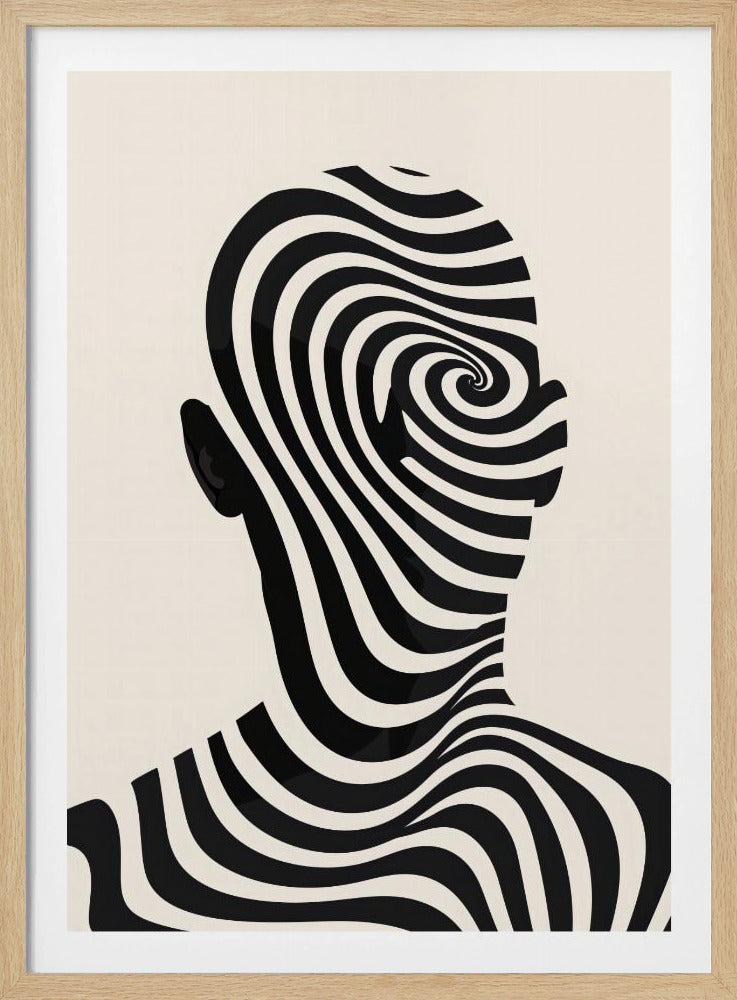 A framed abstract artwork featuring the silhouette of a person's head filled with a hypnotic black and cream spiral optical illusion pattern. The background is a solid cream color. Decor