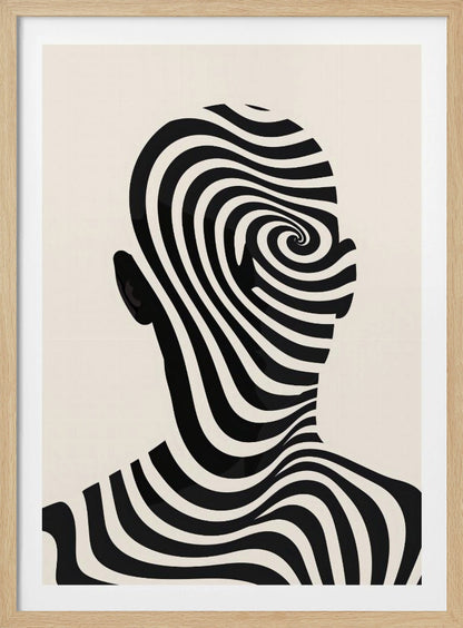 A framed abstract artwork featuring the silhouette of a person's head filled with a hypnotic black and cream spiral optical illusion pattern. The background is a solid cream color. Decor