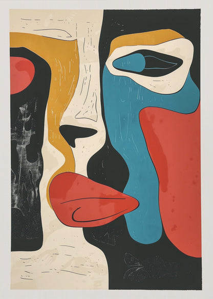 A framed modern abstract artwork depicting a deconstructed face. The composition uses bold, block colors like red, blue, and mustard yellow, separated by thick black lines and areas of cream and textured black, creating a cubist-inspired portrait. Decor