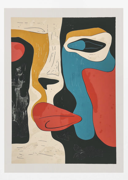A framed modern abstract artwork depicting a deconstructed face. The composition uses bold, block colors like red, blue, and mustard yellow, separated by thick black lines and areas of cream and textured black, creating a cubist-inspired portrait. Decor