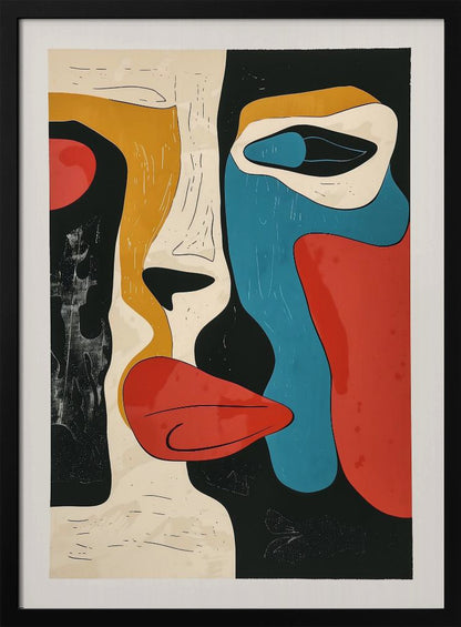 A framed modern abstract artwork depicting a deconstructed face. The composition uses bold, block colors like red, blue, and mustard yellow, separated by thick black lines and areas of cream and textured black, creating a cubist-inspired portrait. Decor