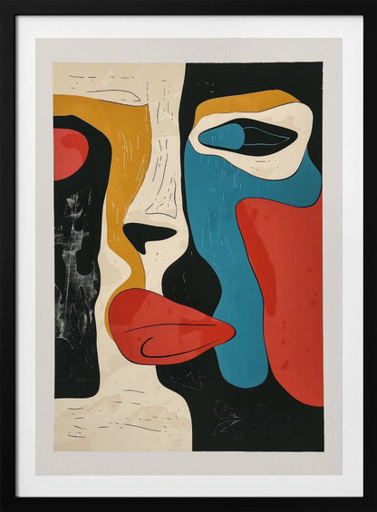 A framed modern abstract artwork depicting a deconstructed face. The composition uses bold, block colors like red, blue, and mustard yellow, separated by thick black lines and areas of cream and textured black, creating a cubist-inspired portrait. Decor