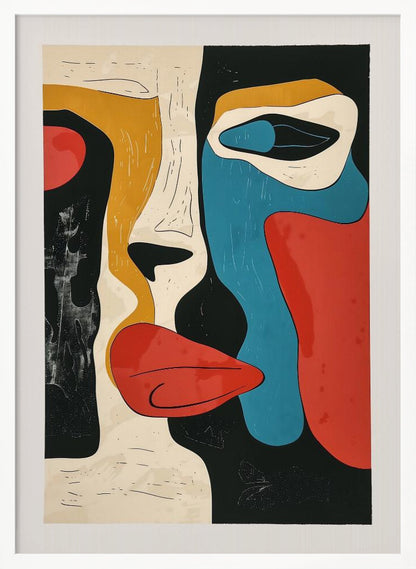 A framed modern abstract artwork depicting a deconstructed face. The composition uses bold, block colors like red, blue, and mustard yellow, separated by thick black lines and areas of cream and textured black, creating a cubist-inspired portrait. Decor