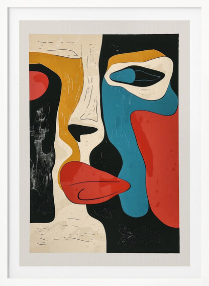 A framed modern abstract artwork depicting a deconstructed face. The composition uses bold, block colors like red, blue, and mustard yellow, separated by thick black lines and areas of cream and textured black, creating a cubist-inspired portrait. Decor