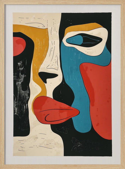 A framed modern abstract artwork depicting a deconstructed face. The composition uses bold, block colors like red, blue, and mustard yellow, separated by thick black lines and areas of cream and textured black, creating a cubist-inspired portrait. Decor