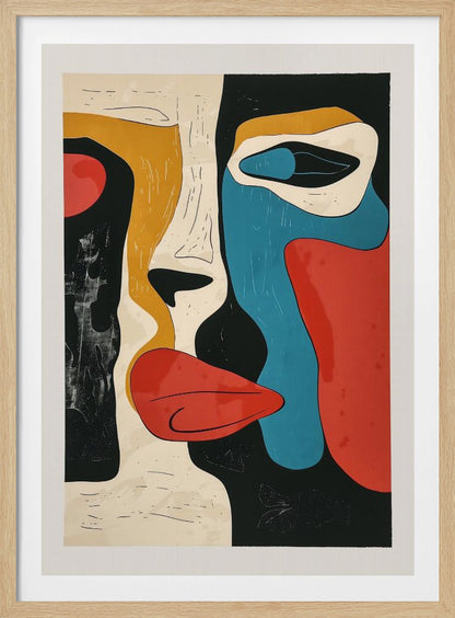 A framed modern abstract artwork depicting a deconstructed face. The composition uses bold, block colors like red, blue, and mustard yellow, separated by thick black lines and areas of cream and textured black, creating a cubist-inspired portrait. Decor