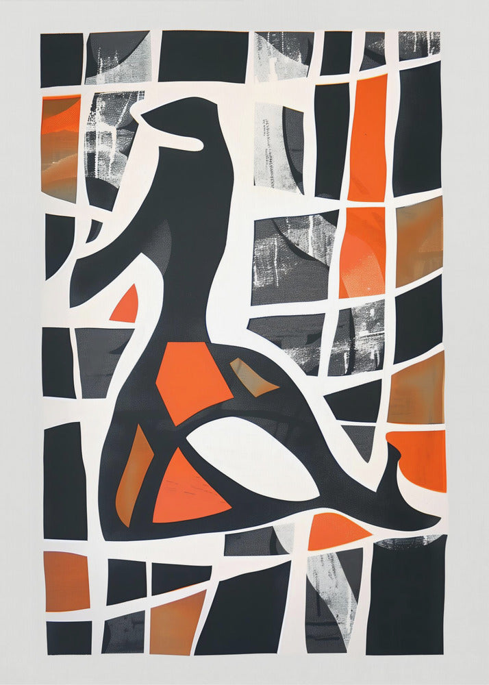 A framed abstract collage featuring a central black stylized figure against a background of a deconstructed grid. The grid's cells are filled with solid black, vibrant orange, shades of brown, and textured grey patches, separated by thick, irregular white lines, creating a stained-glass or mosaic effect. Artwork