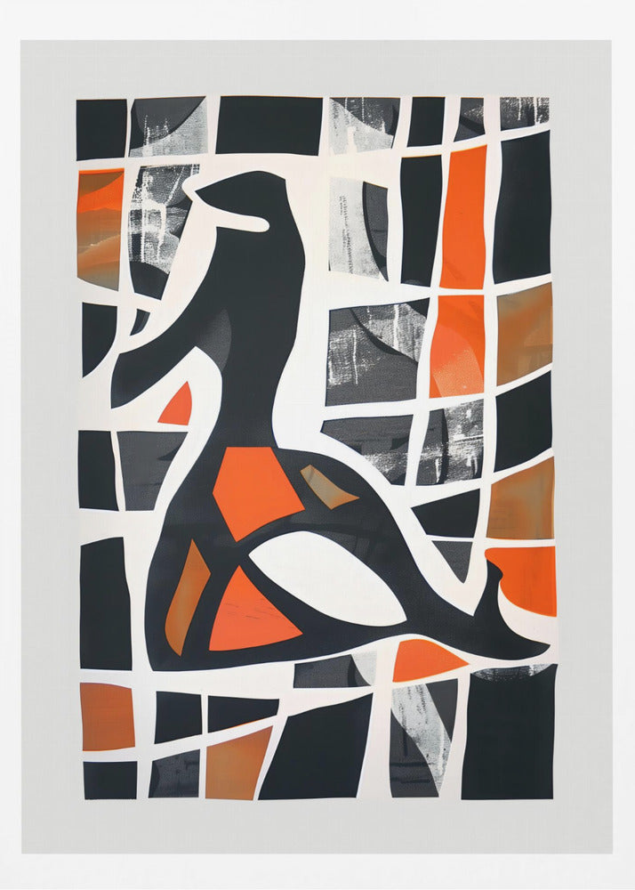 A framed abstract collage featuring a central black stylized figure against a background of a deconstructed grid. The grid's cells are filled with solid black, vibrant orange, shades of brown, and textured grey patches, separated by thick, irregular white lines, creating a stained-glass or mosaic effect. Artwork