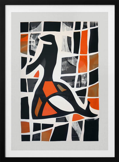 A framed abstract collage featuring a central black stylized figure against a background of a deconstructed grid. The grid's cells are filled with solid black, vibrant orange, shades of brown, and textured grey patches, separated by thick, irregular white lines, creating a stained-glass or mosaic effect. Artwork
