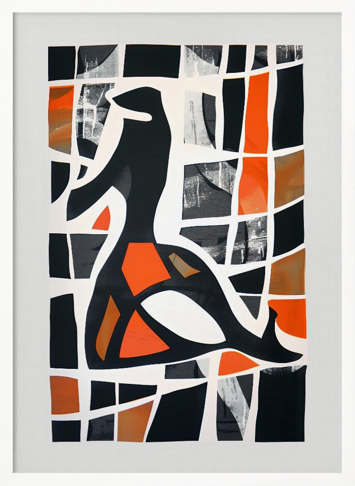 A framed abstract collage featuring a central black stylized figure against a background of a deconstructed grid. The grid's cells are filled with solid black, vibrant orange, shades of brown, and textured grey patches, separated by thick, irregular white lines, creating a stained-glass or mosaic effect. Artwork