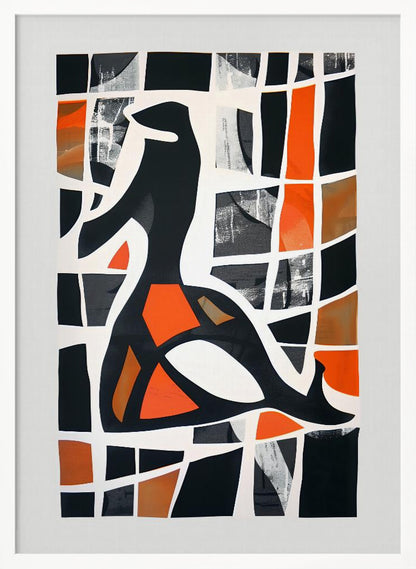A framed abstract collage featuring a central black stylized figure against a background of a deconstructed grid. The grid's cells are filled with solid black, vibrant orange, shades of brown, and textured grey patches, separated by thick, irregular white lines, creating a stained-glass or mosaic effect. Artwork