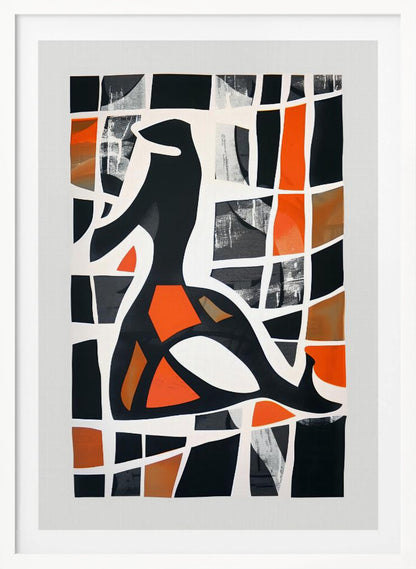 A framed abstract collage featuring a central black stylized figure against a background of a deconstructed grid. The grid's cells are filled with solid black, vibrant orange, shades of brown, and textured grey patches, separated by thick, irregular white lines, creating a stained-glass or mosaic effect. Artwork