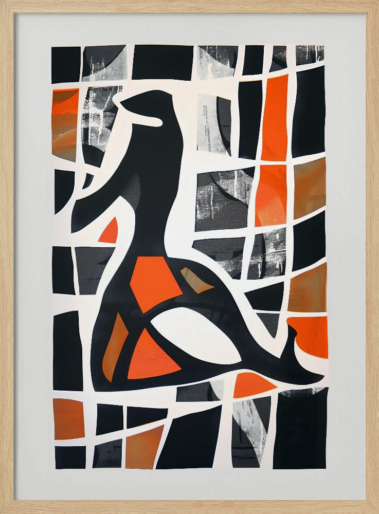A framed abstract collage featuring a central black stylized figure against a background of a deconstructed grid. The grid's cells are filled with solid black, vibrant orange, shades of brown, and textured grey patches, separated by thick, irregular white lines, creating a stained-glass or mosaic effect. Artwork
