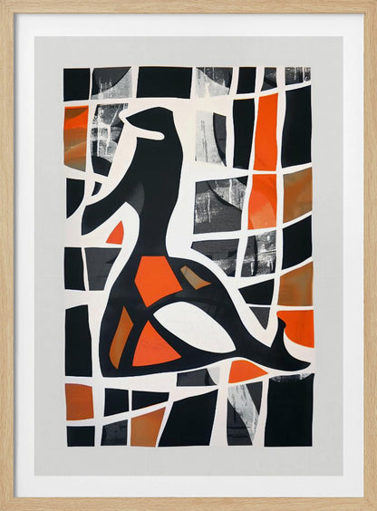 A framed abstract collage featuring a central black stylized figure against a background of a deconstructed grid. The grid's cells are filled with solid black, vibrant orange, shades of brown, and textured grey patches, separated by thick, irregular white lines, creating a stained-glass or mosaic effect. Artwork