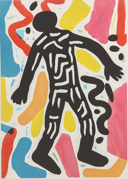 A vibrant abstract artwork featuring a central black silhouette of a person walking, decorated with white maze-like lines. The figure is surrounded by a collage of colorful organic shapes in red, yellow, blue, pink, and orange on a white background, all enclosed in a simple black frame. Artwork