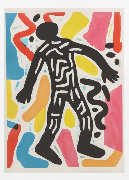 A vibrant abstract artwork featuring a central black silhouette of a person walking, decorated with white maze-like lines. The figure is surrounded by a collage of colorful organic shapes in red, yellow, blue, pink, and orange on a white background, all enclosed in a simple black frame. Artwork