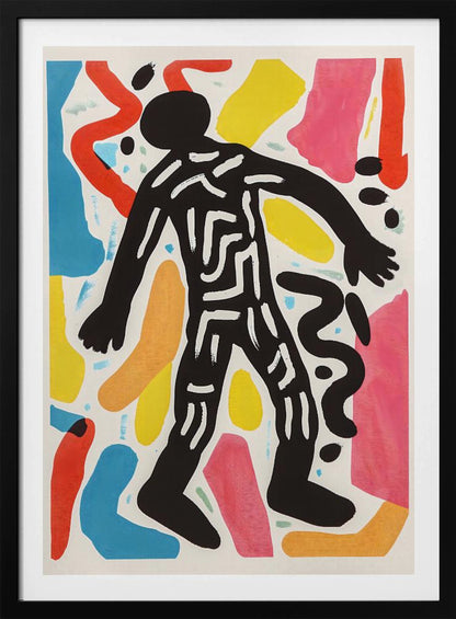 A vibrant abstract artwork featuring a central black silhouette of a person walking, decorated with white maze-like lines. The figure is surrounded by a collage of colorful organic shapes in red, yellow, blue, pink, and orange on a white background, all enclosed in a simple black frame. Artwork