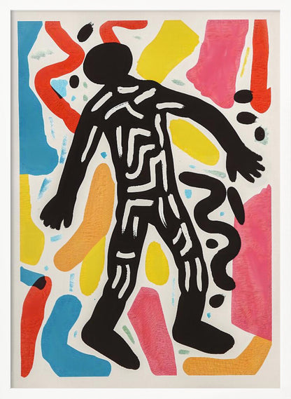A vibrant abstract artwork featuring a central black silhouette of a person walking, decorated with white maze-like lines. The figure is surrounded by a collage of colorful organic shapes in red, yellow, blue, pink, and orange on a white background, all enclosed in a simple black frame. Artwork