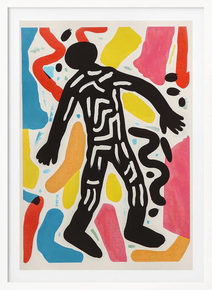 A vibrant abstract artwork featuring a central black silhouette of a person walking, decorated with white maze-like lines. The figure is surrounded by a collage of colorful organic shapes in red, yellow, blue, pink, and orange on a white background, all enclosed in a simple black frame. Artwork