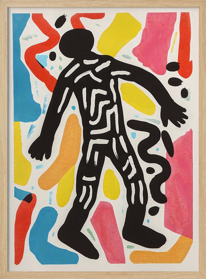 A vibrant abstract artwork featuring a central black silhouette of a person walking, decorated with white maze-like lines. The figure is surrounded by a collage of colorful organic shapes in red, yellow, blue, pink, and orange on a white background, all enclosed in a simple black frame. Artwork