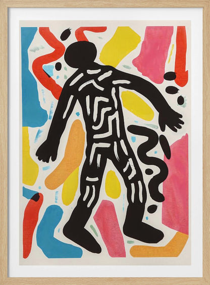 A vibrant abstract artwork featuring a central black silhouette of a person walking, decorated with white maze-like lines. The figure is surrounded by a collage of colorful organic shapes in red, yellow, blue, pink, and orange on a white background, all enclosed in a simple black frame. Artwork
