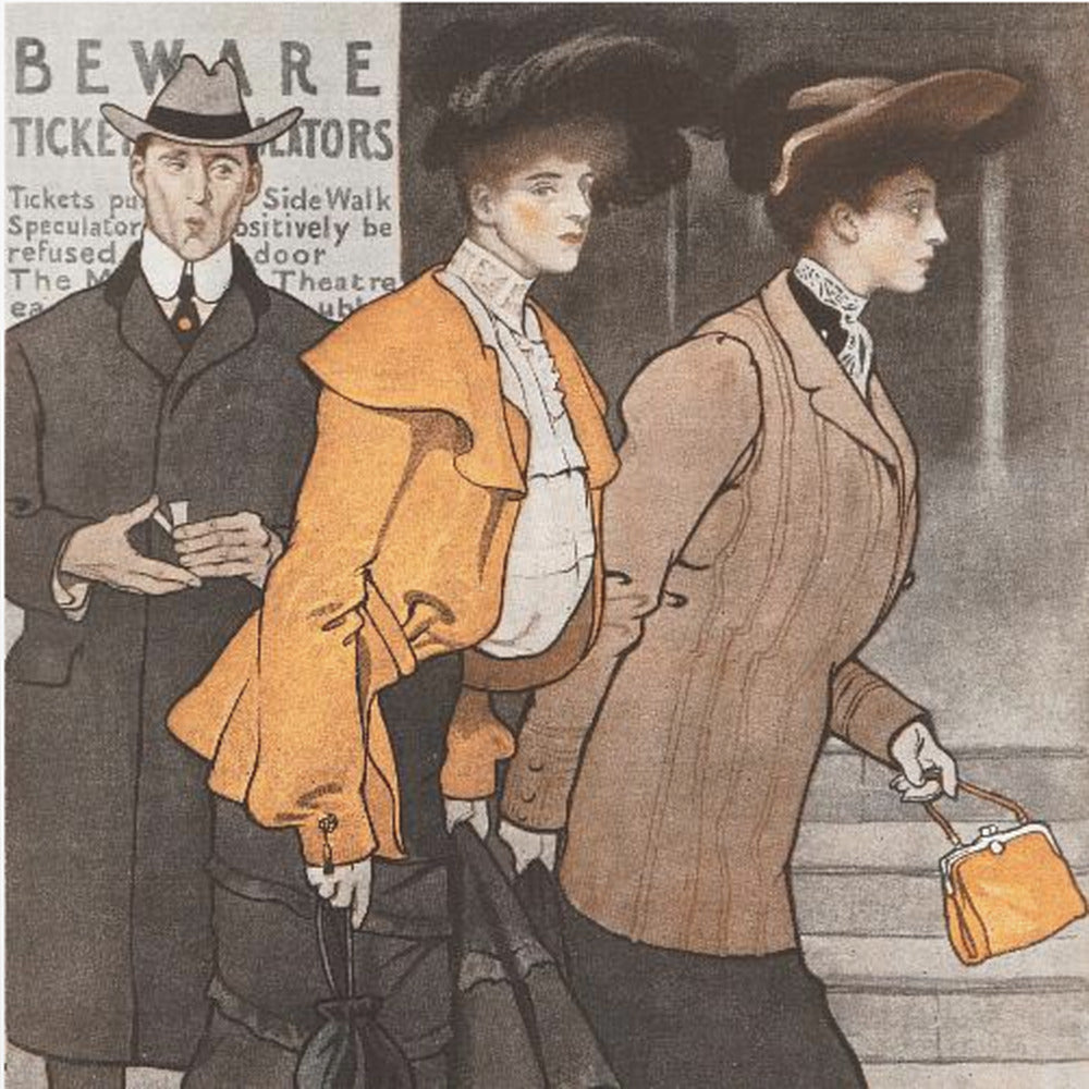 A vintage illustration of three people in early 20th-century clothing. A man in a dark suit and hat stands behind two women. The woman in the center wears a vibrant orange jacket and a large black hat, while the woman on the right wears a tailored brown suit and carries a small orange purse. They are walking on a city street past a sign that reads 'BEWARE TICKET SCALATORS'. Decor