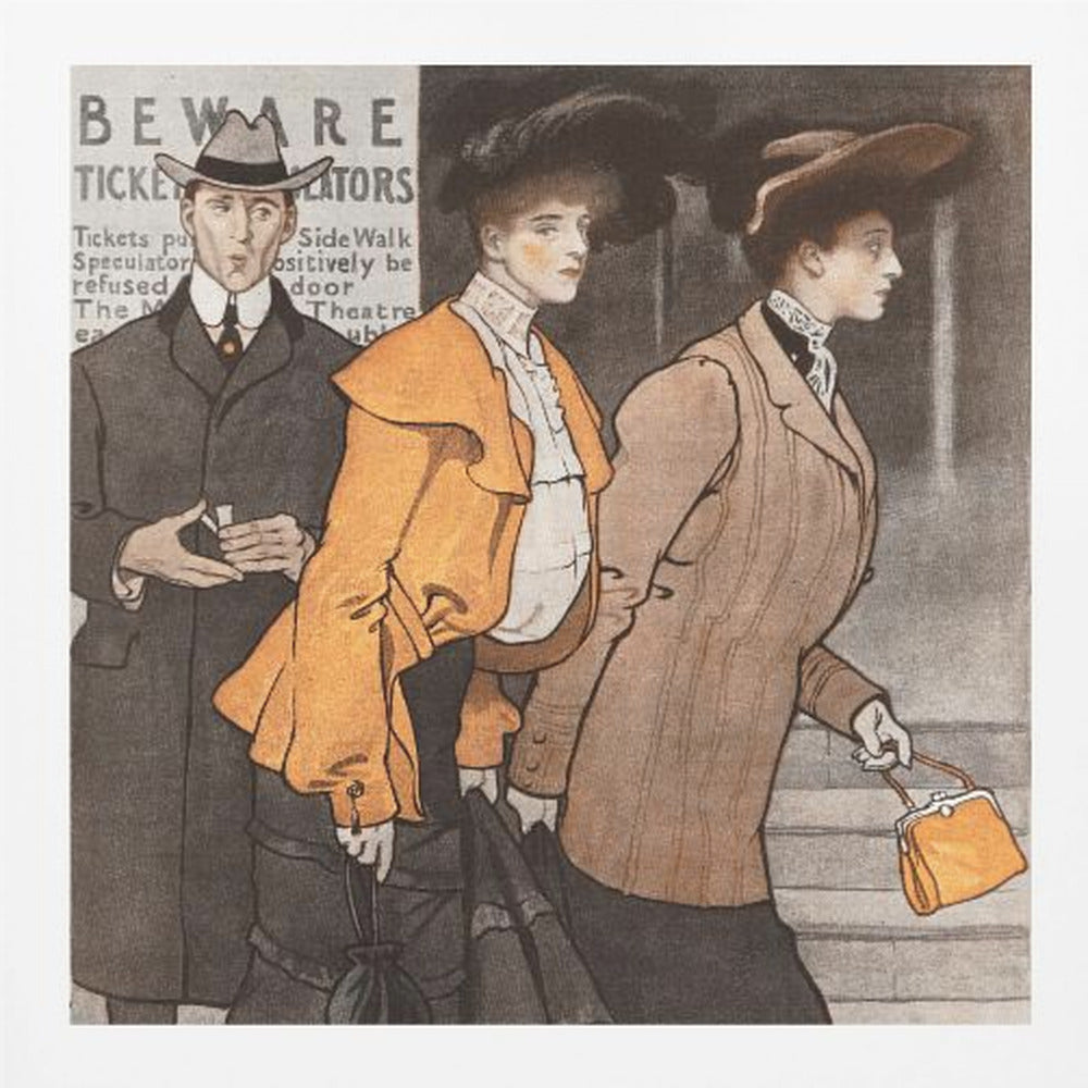 A vintage illustration of three people in early 20th-century clothing. A man in a dark suit and hat stands behind two women. The woman in the center wears a vibrant orange jacket and a large black hat, while the woman on the right wears a tailored brown suit and carries a small orange purse. They are walking on a city street past a sign that reads 'BEWARE TICKET SCALATORS'. Decor