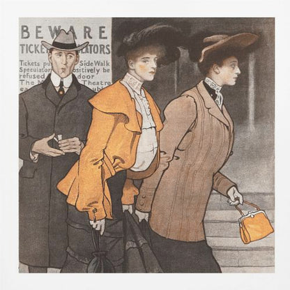 A vintage illustration of three people in early 20th-century clothing. A man in a dark suit and hat stands behind two women. The woman in the center wears a vibrant orange jacket and a large black hat, while the woman on the right wears a tailored brown suit and carries a small orange purse. They are walking on a city street past a sign that reads 'BEWARE TICKET SCALATORS'. Decor